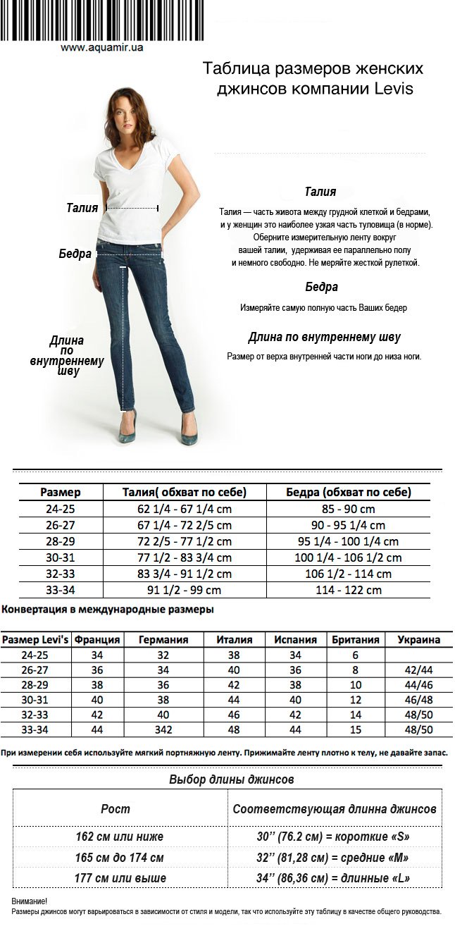 Таблица размеров женских джинсов Levis