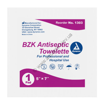 Антисептические не спиртовые салфетки с хлоридом бензалкония Dynarex BZK Antiseptic Towelettes , фото