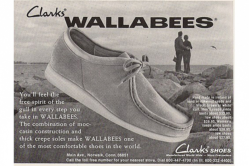 Винтажная реклама мокасином Wallabee от Clarks. Изображение с Well Dressed Dad.