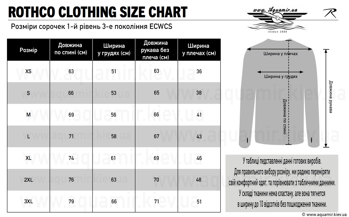 Розміри сорочек 1-й рівень 3-е покоління ECWCS