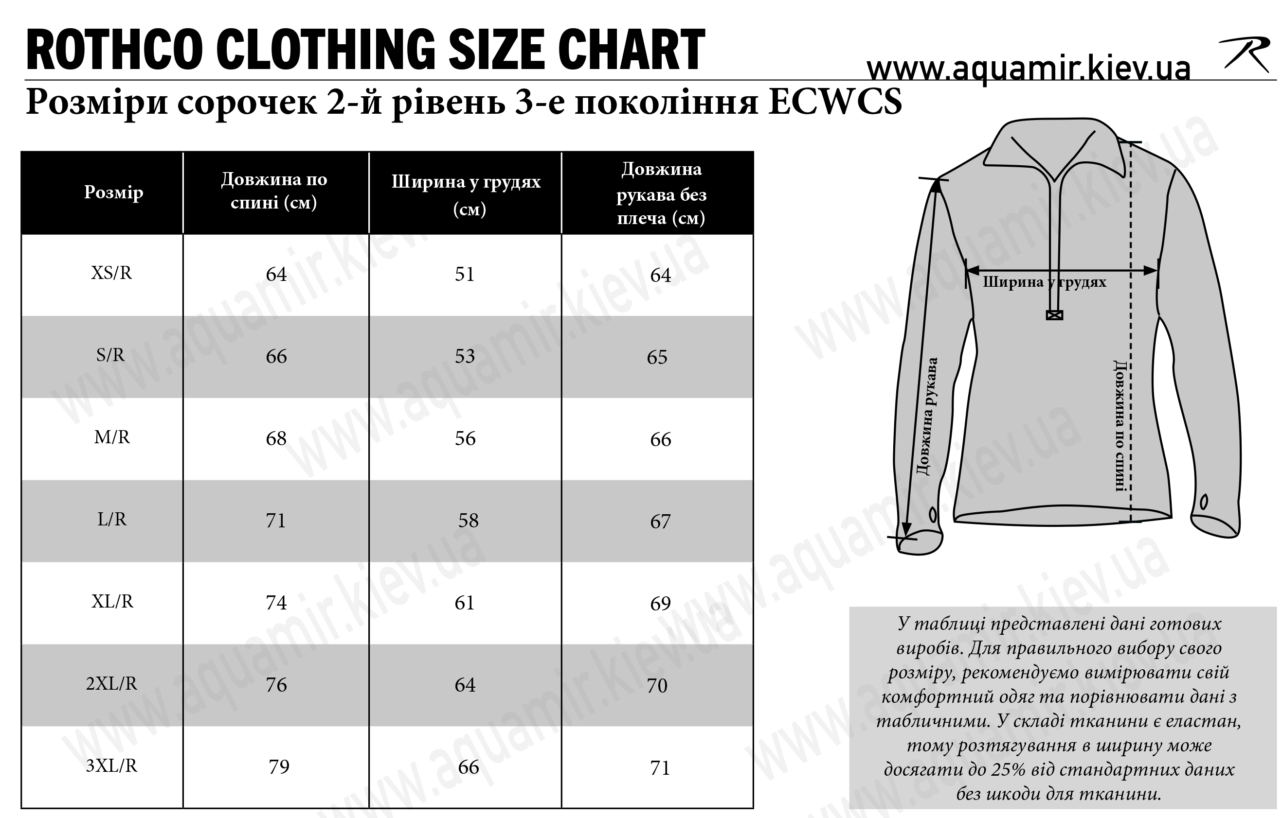 Розміри сорочек Rothco 2-й рівень 3-е покоління ECWCS