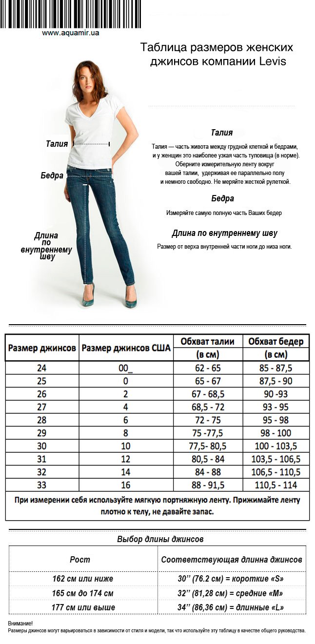 Таблица размеров женских джинсов скини Levi's Women's 711 Skinny Jeans