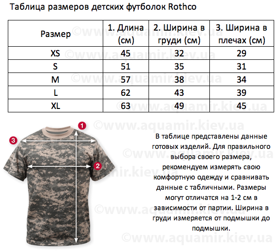 Таблица размеров детских футболок Rothco