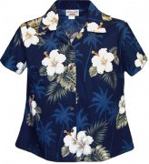 Pacific Legend Tropical Monstera Ladies Hawaiian Shirts - 348-2798 Navy