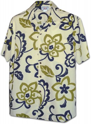 Кремовая мужская хлопковая гавайская рубашка (гавайка) производства США с цветами гибискуса Kapa Hibiscus Pareau Men's Tropical Aloha Shirt, фото