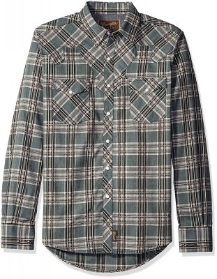 Wrangler® Retro® Long Sleeve Spread Collar Plaid Shirt - Khaki/black, фото