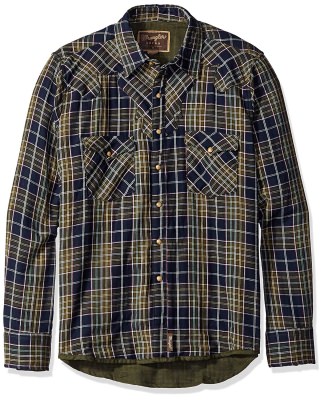 Wrangler® Retro® Long Sleeve Spread Collar Plaid Shirt - Navy/olive, фото