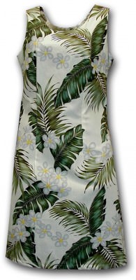 Кремовое женское короткое гавайское платье с цветами плюмерии и монстеры Pacific Legend Tropical Dress Waikiki Sunset 315-3319 Cream, фото