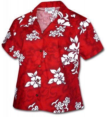 Красная женская гавайская рубашка с белыми цветами китайской розы Pacific Legend White Hibiscus Ladies Hawaiian Shirts - 348-3156 Red, фото