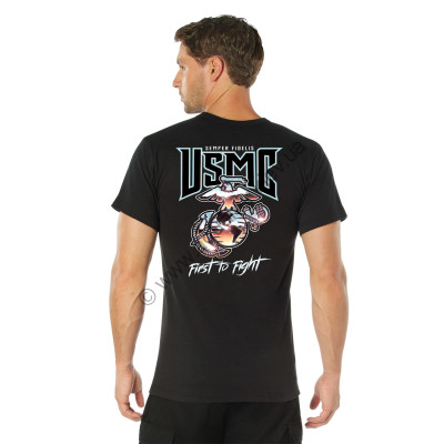 Лицензионная черная футболка Rothco (Ротко) с принтом на груди Корпуса Морской Пехоты США и логотипом на спине в виде эмблемы Корпуса Морской Пехоты США и девизом "USMC First to Fight​"​., фото