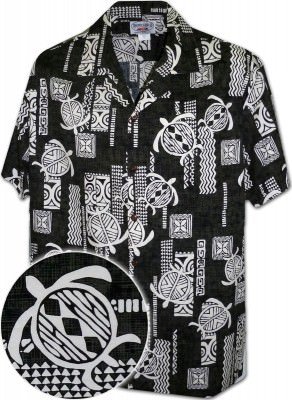 Черная мужская хлопковая гавайская рубашка (гавайка) производства США с черепахами Polynesian Honu Men's Hawaiian Aloha Shirts, фото