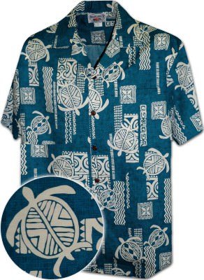 Мужская хлопковая гавайская рубашка цвета морской волны (гавайка) производства США с черепахами Polynesian Honu Men's Hawaiian Aloha Shirts, фото