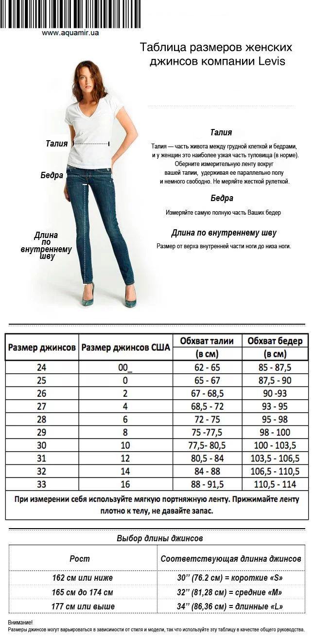 Таблица размеров женских прямых джинсов Levi's Women's 724 High Rise Straight