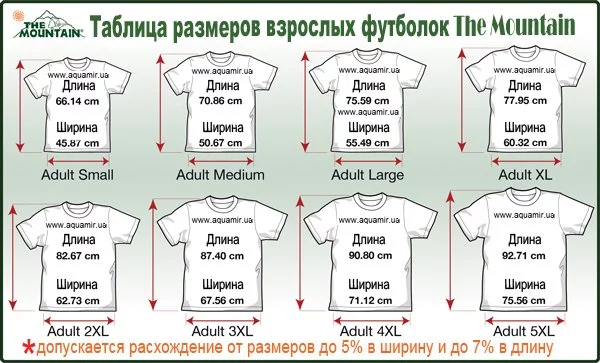 Таблица размеров взрослых американских футболок The Mountain