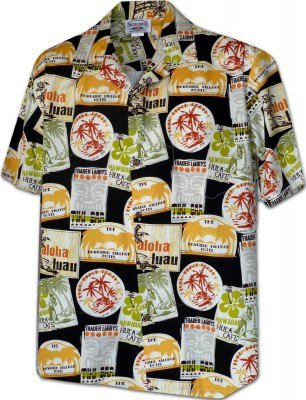 Мужская хлопковая гавайская рубашка черного цвета (гавайка) производства США с историческими знаками Polynesian Honu Men's Hawaiian Aloha Shirts, фото