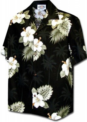 Черная мужская хлопковая гавайская рубашка (гавайка) с цветами гибискуса Pacific Legend Hawaiian Shirts Hibiscus Islands, фото