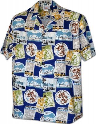 Мужская хлопковая гавайская рубашка темно-синего цвета (гавайка) производства США с историческими знаками Polynesian Honu Men's Hawaiian Aloha Shirts, фото
