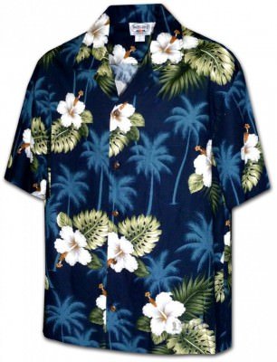 Темно-синяя мужская хлопковая гавайская рубашка (гавайка) с цветами гибискуса Pacific Legend Hawaiian Shirts Hibiscus Islands, фото
