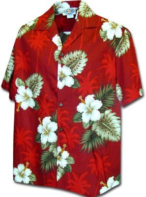 Красная мужская хлопковая гавайская рубашка (гавайка) с цветами гибискуса Pacific Legend Hawaiian Shirts Hibiscus Islands, фото