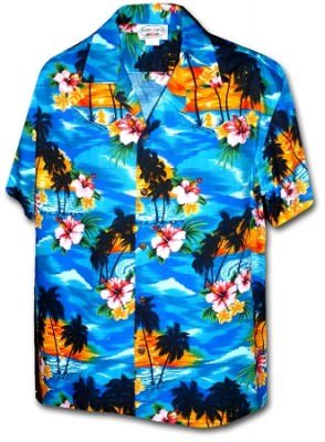 Голубая мужская хлопковая гавайская рубашка (гавайка) производства США с цветами гибискуса и островами Matching Hawaiian Shirts Waikiki Sunset, фото