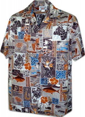 Мужская хлопковая гавайская рубашка ржавого цвета (гавайка) производства США с рыбами Hawaiian Style Men's Aloha Shirt, фото