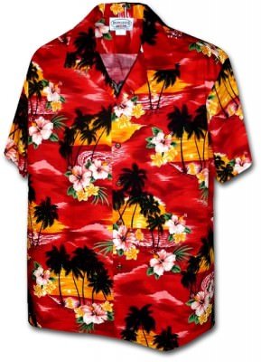 Красная мужская хлопковая гавайская рубашка (гавайка) производства США с цветами гибискуса и островами Matching Hawaiian Shirts Waikiki Sunset, фото