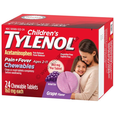 Tylenol (Тайленол) жевательные таблетки c парацетамолом для детей и подростков вкус виноград 24 шт, фото