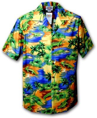 Голубая мужская хлопковая гавайская рубашка (гавайка) производства США с островами и крокодилами Alligator Zone Men's Tropical Shirts, фото