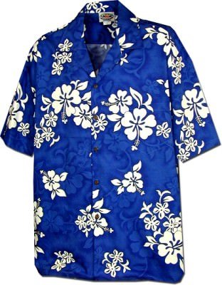 Голубая мужская хлопковая гавайская рубашка (гавайка) производства США с цветами китайской розы Hawaiian White Hibiscus Men's Tropical Shirts, фото