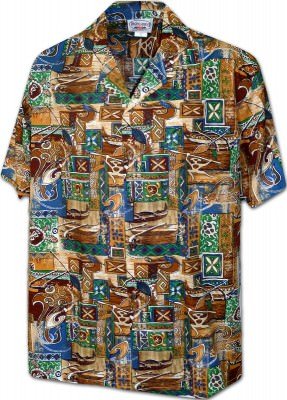 Мужская хлопковая гавайская рубашка (гавайка) золотого цвета производства США с традиционными рисункам Гавайских островов Hawaiian Tradition Men's Aloha Shirt, фото