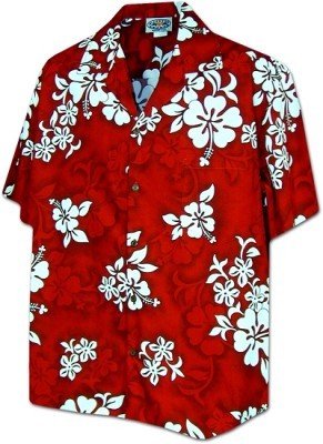Гавайская рубашка красная (гавайка) производства США с цветами китайской розы Hawaiian White Hibiscus Men's Tropical Shirts 410-3156 Red, фото