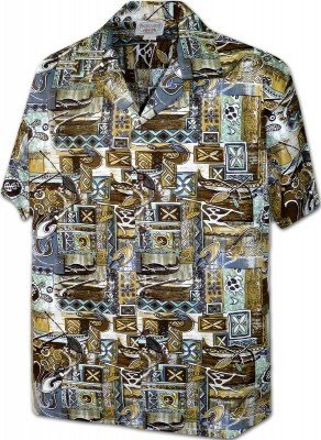 Мужская гавайская рубашка серо-зеленого цвета производства США с традиционными рисункам Гавайских островов Hawaiian Tradition Men's Aloha Shirt, фото