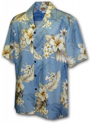 Голубая мужская хлопковая гавайская рубашка (гавайка) производства США с цветами гибискуса Aloha Shirts Men's Tropical Luau, фото