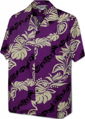 Мужская хлопковая гавайская рубашка (гавайка) лилового цвета производства США с листьями и цветами Hawaiian Leis Men's Aloha Shirt, фото