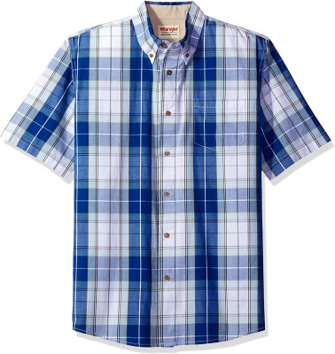 Рубашка синяя в клетку с коротким рукавом Wrangler Authentics Short Sleeve Classic Plaid Shirt Bright White, фото