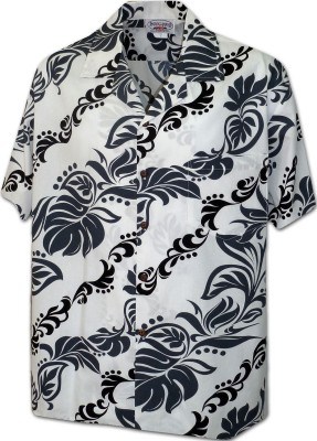 Мужская хлопковая гавайская рубашка (гавайка) белого цвета производства США с листьями и цветами Hawaiian Leis Men's Aloha Shirt, фото