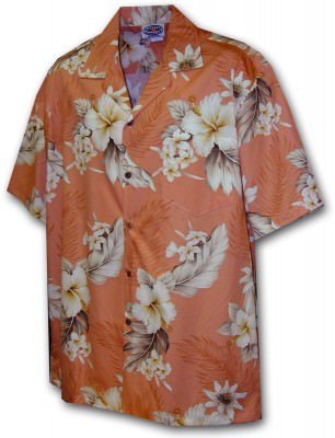 Персиковая мужская хлопковая гавайская рубашка (гавайка) производства США с цветами гибискуса Aloha Shirts Men's Tropical Luau, фото