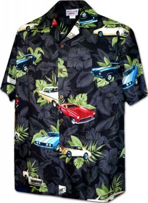 Черная мужская хлопковая гавайская рубашка (гавайка) производства США с винтажными автомобилями American Vintage Cars Men's Shirt, фото