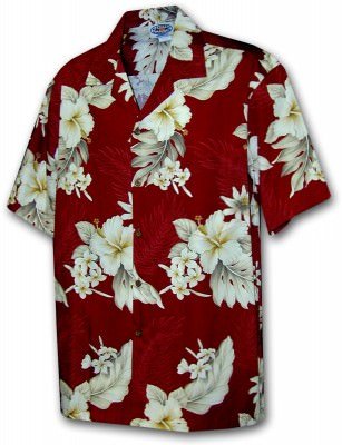 Красная мужская хлопковая гавайская рубашка (гавайка) производства США с цветами гибискуса Aloha Shirts Men's Tropical Luau, фото