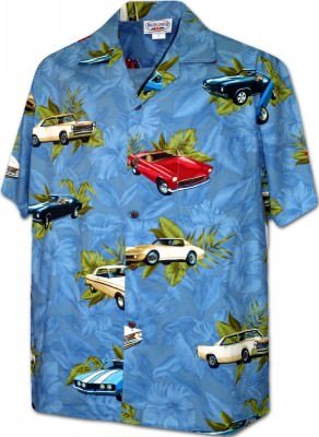 Мужская хлопковая гавайская рубашка (гавайка) цвета деним производства США с винтажными автомобилями American Vintage Cars Men's Shirt, фото