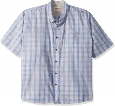 Рубашка голубая в клетку с коротким рукавом Wrangler Authentics Short Sleeve Classic Plaid Shirt Pumice Stone, фото
