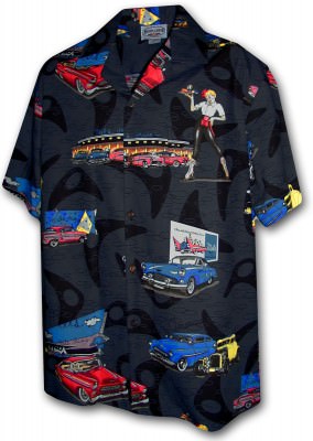 Черная мужская хлопковая гавайская рубашка (гавайка) производства США с ретро автомобилями American Graffiti Men's Car Shirts , фото