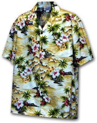 Маисовая мужская хлопковая гавайская рубашка (гавайка) производства США с с островами и цветами китайской розы Hawiian Clothing Waikiki Beach, фото