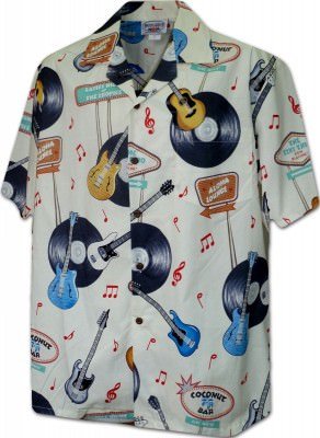 Мужская хлопковая гавайская рубашка (гавайка) в цвете слоновой кости производства США с гитарами и грампластинками Rock and Roll Guitar Shirt, фото