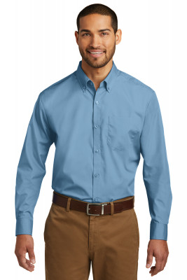 Голубая рубашка с длинным рукавом Port Authority Long Sleeve Carefree Poplin Shirt Carolina Blue W100, фото