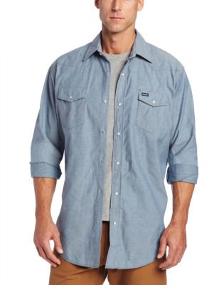 Wrangler Men's Authentic Cowboy Cut Work Western Long-Sleeve Shirt # Chambray Blue, фото