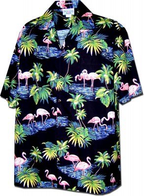 Черная мужская хлопковая гавайская рубашка (гавайка) производства США с розовым фламинго Flamingo Shirts Tropical, фото