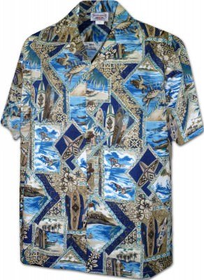 Мужская хлопковая гавайская рубашка (гавайка) в темно-синем цвете производства США с серфингистами и черепахами Locals Playground Men's Aloha Shirt, фото