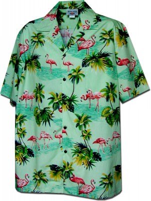 Серо-зеленая мужская хлопковая гавайская рубашка (гавайка) производства США с розовым фламинго Flamingo Shirts Tropical, фото