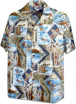 Мужская хлопковая гавайская рубашка (гавайка) в синевато-сером цвете производства США с серфингистами и черепахами Locals Playground Men's Aloha Shirt, фото
